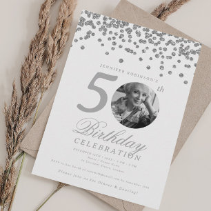 Elegantes 50. Geburtstagsfoto mit Silberkonfetti Einladung