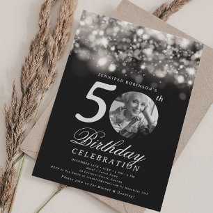 Elegantes 50. Geburtstagsfoto Silbernes Mitternach Einladung