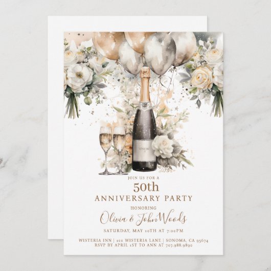 Elegantes 50-jähriges Party Champagne Balloons Einladung (Vorne/Hinten)
