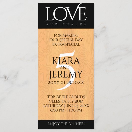 Elegantes 5. Jubiläum der Hochzeit von Holz Menükarte (Rückseite)