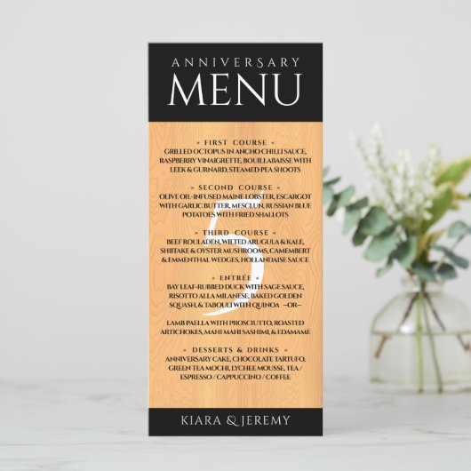 Elegantes 5. Jubiläum der Hochzeit von Holz Menükarte (Stehend Vorderseite)
