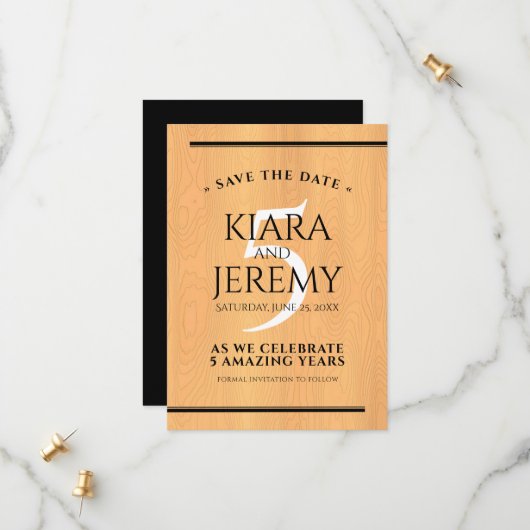 Elegantes 5. Jubiläum der Hochzeit von Holz Save The Date (Vorderseite/Rückseite Beispiel)