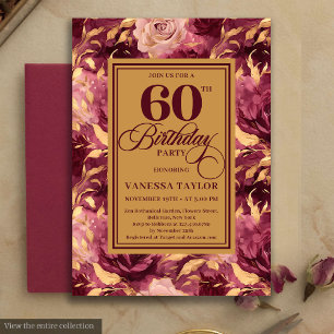 Elegantes 60. Geburtstags-Burgund-Blush-Gold-Blume Einladung