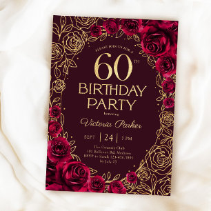 Elegantes 60. Geburtstags Burgunder Gold Blumen Einladung