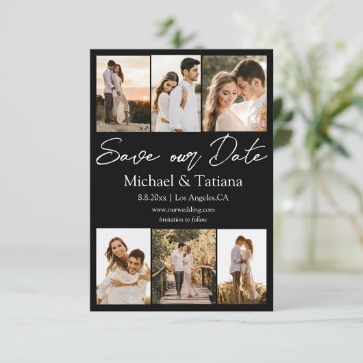 elegantes 6-Foto-Collage-White-Script minimal Save The Date (Stehend Vorderseite)