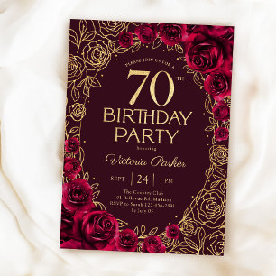 Elegantes 70. Geburtstags Burgunder Gold Blumen Einladung