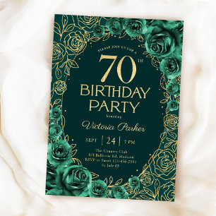 Elegantes 70. Geburtstags Emerald Grün Gold Floral Einladung