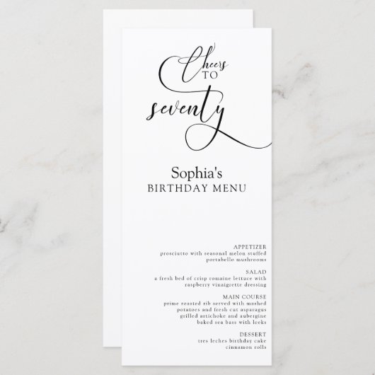 Elegantes 70. Geburtstagsmenü Menükarte (Vorne/Hinten)