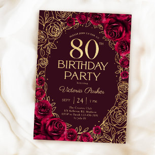 Elegantes 80. Geburtstags Burgunder Gold Blumen Einladung
