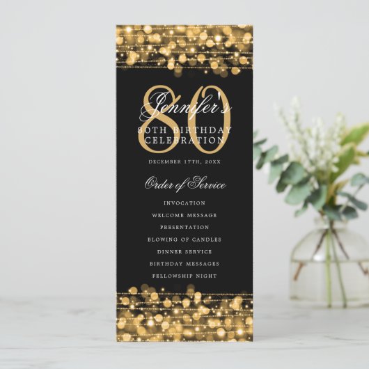 Elegantes 80. Geburtstagsprogramm Gold mit Danke Einladung (Stehend Vorderseite)