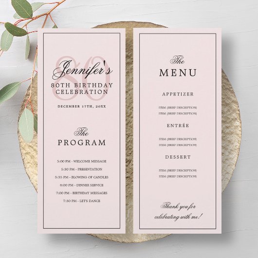 Elegantes 80. Geburtstagsprogramm Menü Rosenrot Einladung