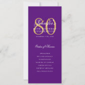 Elegantes 80th Program Gold Lila Menu+Vielen Dank Einladung (Vorderseite)