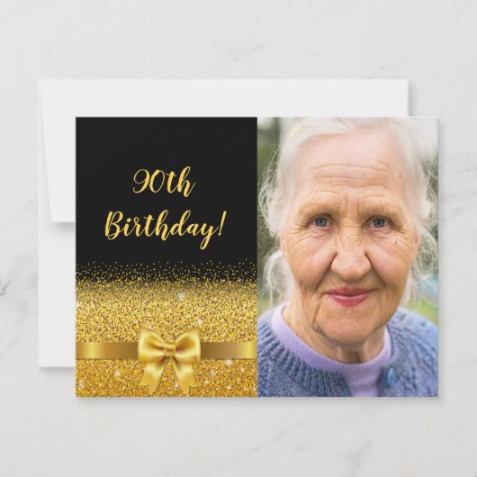 Elegantes 90. Geburtstag Einladung schwarzes Foto (Vorderseite)