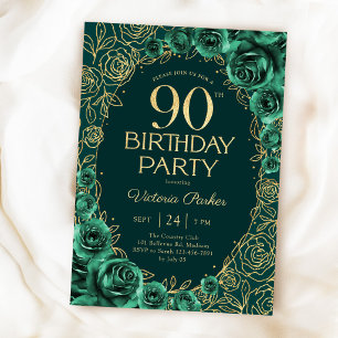 Elegantes 90. Geburtstags Emerald Grün Gold Floral Einladung