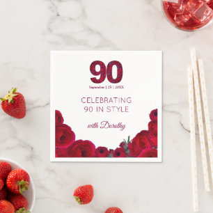 Elegantes 90. Geburtstags-Rot-Blumen-90-Jahre-Part Serviette