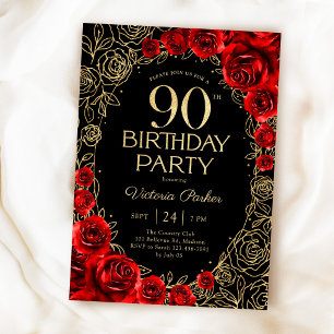 Elegantes 90. Geburtstags-Rot-Schwarz-Gold-Blumenm Einladung