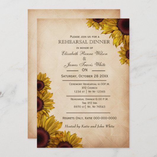 Elegantes Abendessen in den Rustikalen Sonnenblume Einladung (Vorne/Hinten)