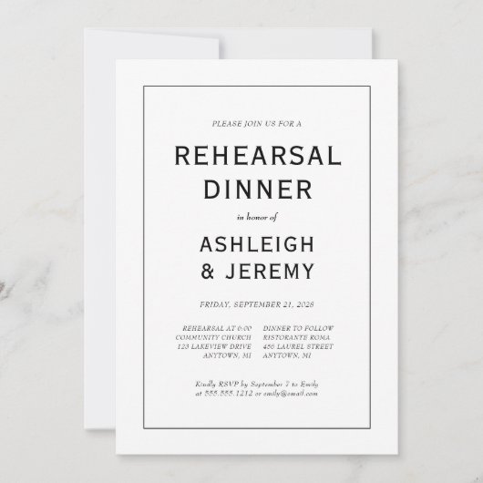 Elegantes Abendessen mit Schwarz-weißer Probe Einladung (Vorderseite)