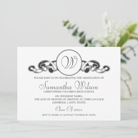 Elegantes Abschluss-Monogramm-Band-Schwarzes Einladung (Stehend Vorderseite)