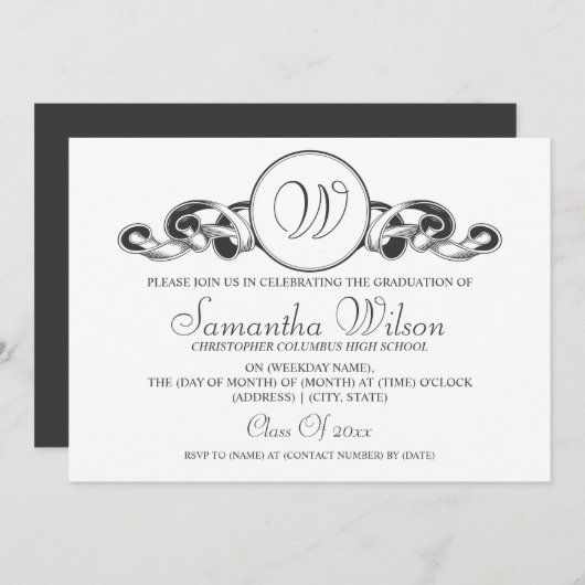 Elegantes Abschluss-Monogramm-Band-Schwarzes Einladung (Vorne/Hinten)