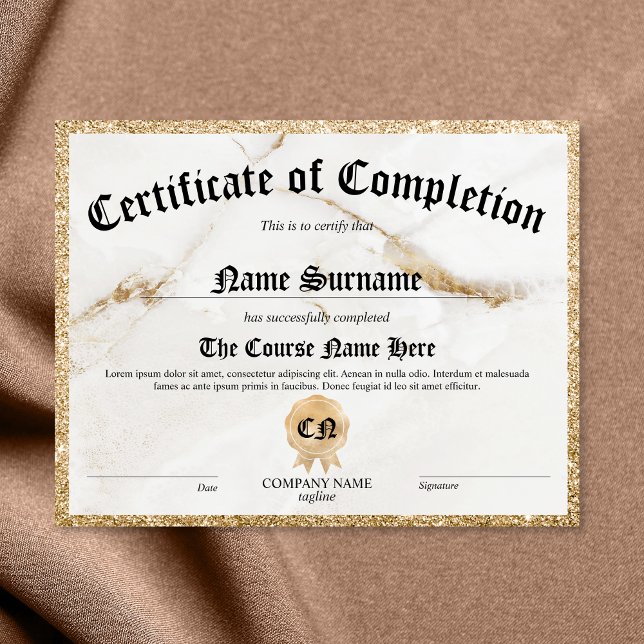 Elegantes Abschlusszeugnis (white and gold marble with gold glitter border certificate of completion)
