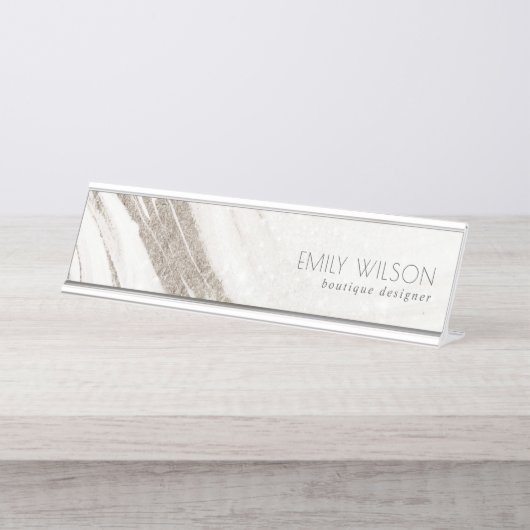 Elegantes Abstraktes Blassgoldenes Marmor Agate Schreibtischnamensplakette (Vorderseite )