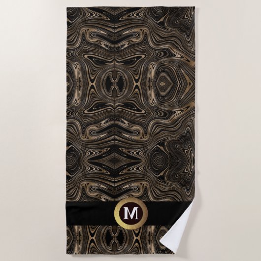 Elegantes abstraktes Schwarz-Gold-Monogramm Strandtuch (Vorderseite)