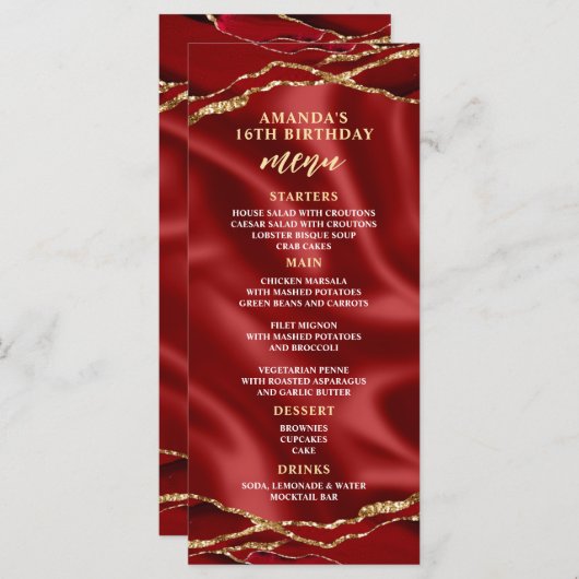 Elegantes Agate Red and Gold Menü Menükarte (Vorne/Hinten)