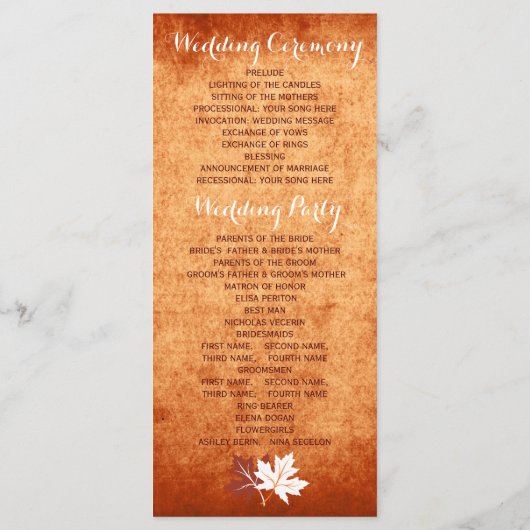 Elegantes Ahorn-Blätter Orange-Hochzeit im Herbst Programm (Rückseite)