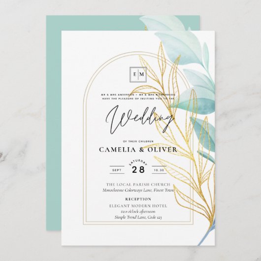 Elegantes All-in-1-Sea-Glass Aquamarine Goldleaf-H Einladung (Vorne/Hinten)