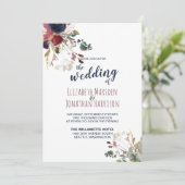 Elegantes All in one Burgund Navy Rose Gold Weddin Einladung (Stehend Vorderseite)