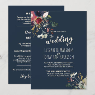 Elegantes All in one Navy Burgundy Rose Gold Weddi Einladung