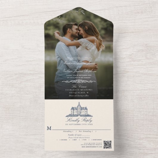 Elegantes altes Chateau Manor Wedding Foto QR Code All In One Einladung (Innen)