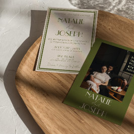 Elegantes altes Geld Olivgrün Luxus Foto Hochzeit Einladung
