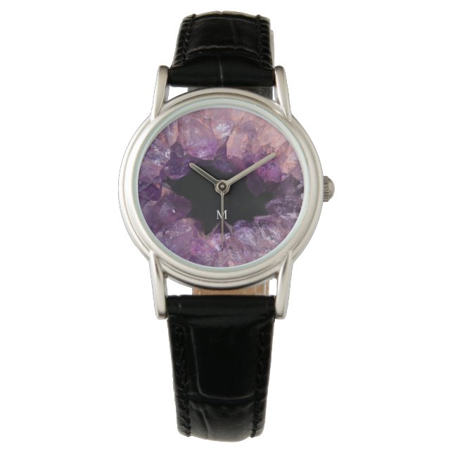 Elegantes Amethyst-Mineralmuster-Monogramm Armbanduhr (Vorderseite)