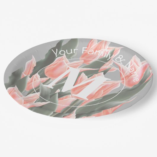 Elegantes Anstrich von Monogramm-Pfirsichfarben Pappteller (Schrägansicht)