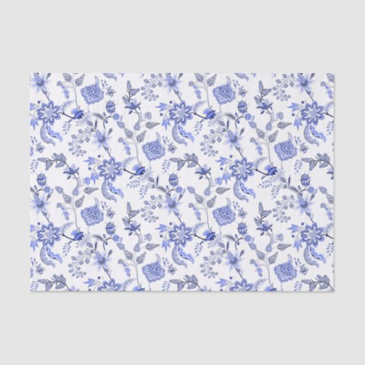 Elegantes antikes blaues BlumenChintz auf Weiß Seidenpapier (Vorderseite)