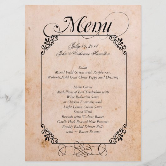 Elegantes antikes Blick-Hochzeits-Menü Menükarte (Vorderseite)