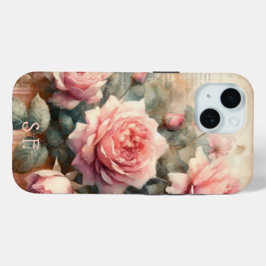 Elegantes antikes rosa Rose Floral Monogram Script Case-Mate iPhone Hülle (Rückseite (Horizontal))