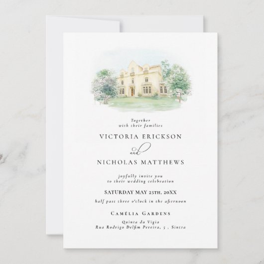 Elegantes Anwesen | Illustriertes Hochzeitwochenen Einladung (Vorderseite)