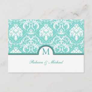 Elegantes Aqua blaues u. weißes Damast-Monogramm RSVP Karte