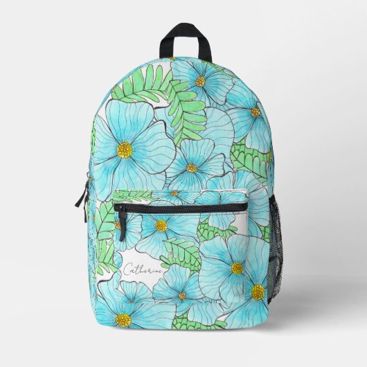 Elegantes Aqua Blue Blumen und Grüne Bedruckter Rucksack (Vorderseite)