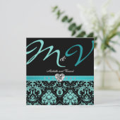 Elegantes Aqua Blue Damask Einladung (Stehend Vorderseite)
