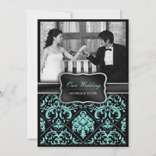 Elegantes Aqua Blue und Black Damask Hochzeitshoch Einladung (Vorderseite)