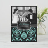 Elegantes Aqua Blue und Black Damask Hochzeitshoch Einladung (Stehend Vorderseite)