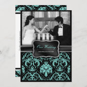 Elegantes Aqua Blue und Black Damask Hochzeitshoch Einladung (Vorne/Hinten)