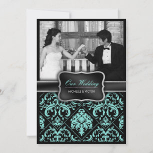 Elegantes Aqua Blue und Black Damask Hochzeitshoch Einladung