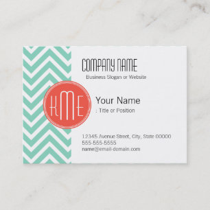 Elegantes Aqua Green Zickzack und Orange Monogramm Visitenkarte