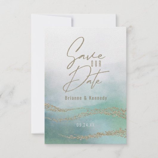 Elegantes Aqua Ocean & Gold Save the Date (Vorderseite)