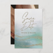 Elegantes Aqua Ocean & Gold Save the Date (Vorne/Hinten)